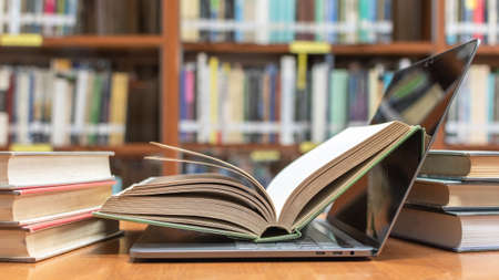E-learning class and e-book digital technology in education concept with pc computer notebook open...