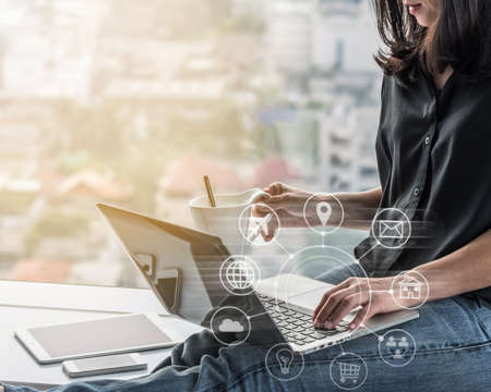 Digital marketing via multichannel communication network icon on mobile smartphone application...
