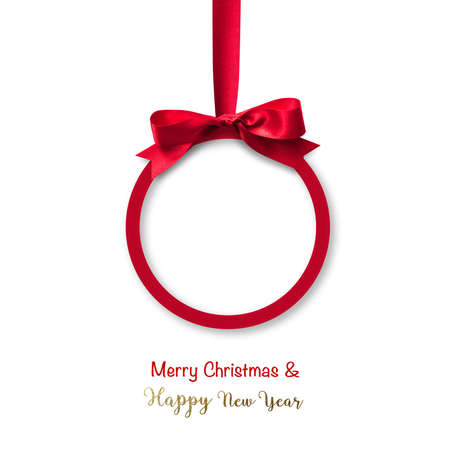 Merry Christmas  Happy New Year beautiful round Xmas red ball, shiny bow ribbon isolated on white backgroundの写真素材