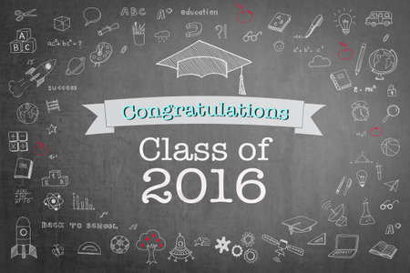 Graduation congratulations class of 2016 greeting announcement for educational congrats card with studentâs cap doodle on school black teacherâs chalkboard backgroundの写真素材