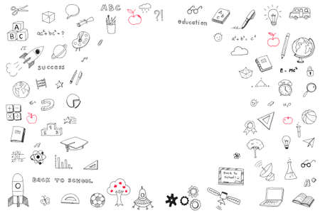 Childrenâs childhood creative idea and school education success concept with studentâs hand drawing doodle on white wall background with blank copyspaceの写真素材