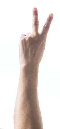 V shape hand sign for voting campaign isolated on white background with clipping pathの写真素材