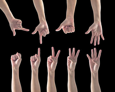 Woman's hand finger set template in many gesture postures with beautiful rim light  isolated on...