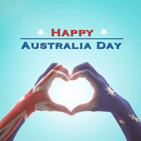 Happy Australia day with national flag on hands in heart shape の写真素材