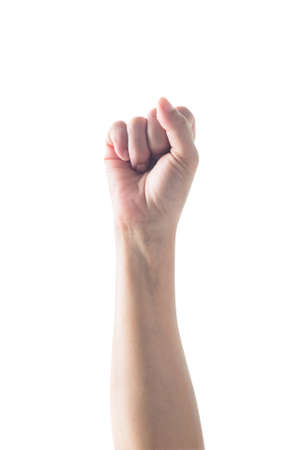 Isolated human's arm with fist gesture on white background clipping path for Women rights empowering, international women's day conceptの写真素材