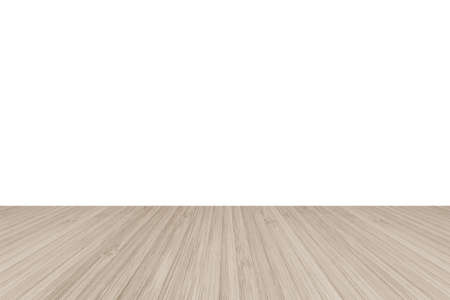Wood floor perspective view with wooden texture in light sepia brown color isolated on white wall background for interior design decoration backdropの写真素材