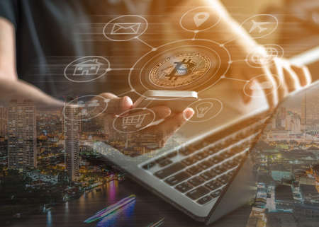 Bitcoin digital cryptocurrency symbol icon on virtual  internet network of fintech financial banking business and world stock exchange investment via multi-channel online mobile computer technologyの写真素材