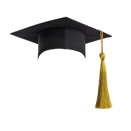 Graduation hat, Academic cap or Mortarboard in black isolated on white background with clipping path for educational hat design mockup and school commencement hat mock-up templateの写真素材