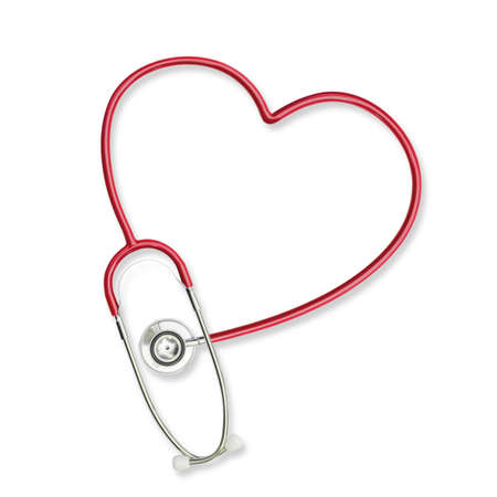Red doctor's stethoscope in heart shape isolated on white background with clipping path for medical congenital heart defect disease, cardiovascular illness and HIV AIDS awareness conceptの写真素材