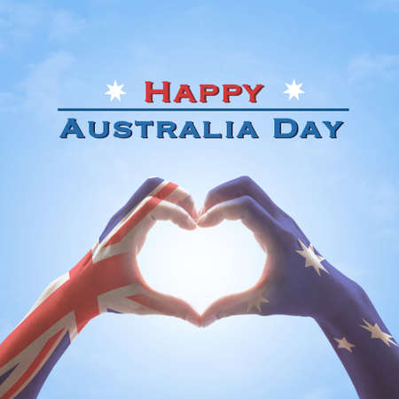 Happy Australia Day: flag pattern on people hands in heart shapeの写真素材