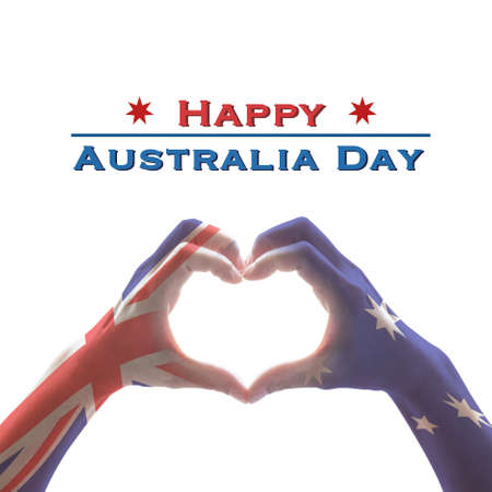 Happy Australia Day : flag pattern on people hands in heart shapeの写真素材