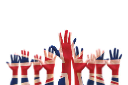 United kingdom (UK) flag pattern on people participation hands in democratic voting (isolated with clipping path)の写真素材