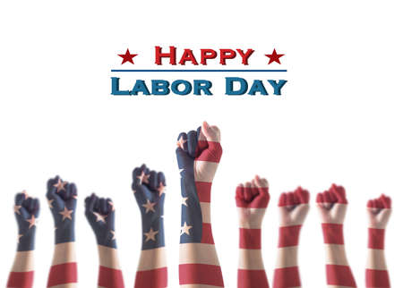 Happy labor day with USA national flag pattern on leader's fist isolated (clipping path) white backgroundの写真素材