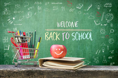Welcome back to school, educational greeting announcement for students and teacher on green...