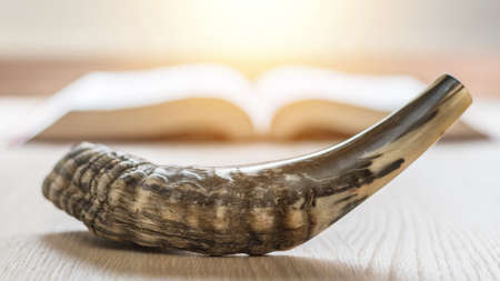 Yom Kippur and Rosh Hashanah (Hashana)  (jewish New Year holiday) concept with Ram shofar (horn) with religious holy prayer book on tableの素材 [FY310128030010]