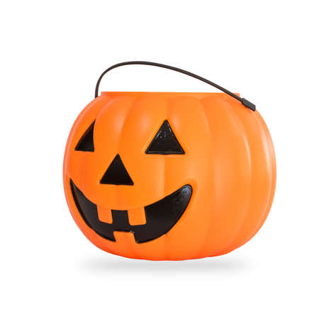 Pumpkin basket isolated on white background (clipping path) for kid collecting candy Jack o'lantern basket , trick or treat on Halloween day celebrationの写真素材