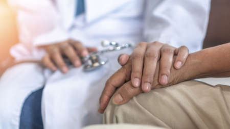 Parkinson's disease patient, Arthritis hand and knee pain or mental health care concept with...