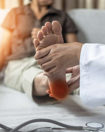 Plantar Fasciitis or heel pain illness in feet of woman patient who having medical exam with orthopaedic doctor on aching tendon, inflammation or disorder of the connective tissue on foot and toe