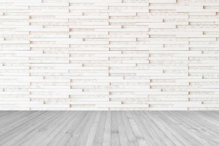 Modern marble tile wall pattern textured background in light white beige color with wooden floor in grey toneの写真素材