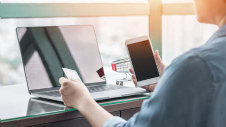 Mobile payment on online shopping e-commerce business security with customer using credit or debit...