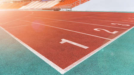 Running track race in sport arena in athletic game event for athletes with stadium for audiences and...