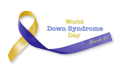 Blue yellow awareness ribbon (bow isolated on white background  with clipping path) World down syndrome day WDSD March 21 supporting disabled patient with Thoracic Outlet Syndrome - (TOS)の写真素材