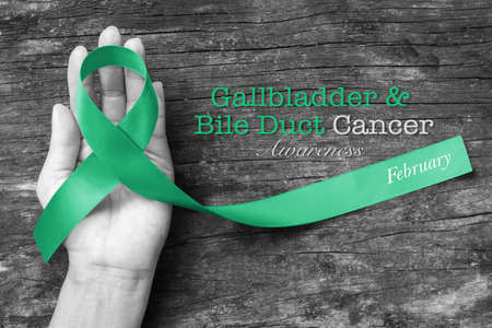 Gallbladder or Bile Duct Cancer Awareness ribbon kelly green on helping handの写真素材