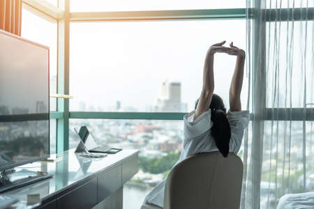 Work-life quality balance concept with happy city lifestyle Asian girl having a good day waking up...
