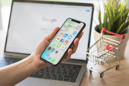 BANGKOK, THAILAND- March 17, 2018: Social media app for digital marketing e-commerce on smartphone  mobile online applicatiion via multi-channel, cross-channel internet technologyのeditorial素材