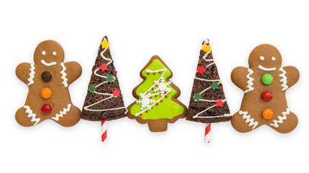 Christmas cookies, snowman, X'mas tree, gingerbread isolated on white background with clipping path for Xmas party holiday homemade  food design decoration templateの写真素材