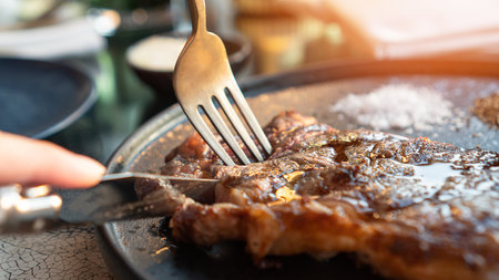 Beef steak dish with juicy barbeque grilled meat for fine dinning menu in restaurantの写真素材