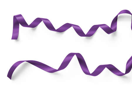 Purple satin ribbon mulberry lavender bow scroll set isolated on white background with clipping path for holiday and wedding card confetti design decorationの写真素材