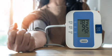 Hypertension or high blood pressure illness in patient with blood pressure monitoring, measurement on digital sphygmomanometer for self-check on health at homeの写真素材