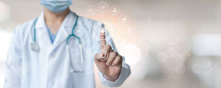 Medical tech science, innovative iot global healthcare ai technology with doctor on telehealth, telemedicine service analyzing online patient health record information data in hospital lab backgroundの写真素材