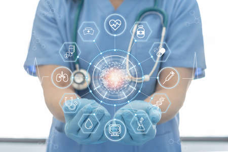 Medical tech science, ai health technology with surgical doctor on telehealth, telemedicine and iot global healthcare service analyzing online patient health record information data in hospital labの写真素材