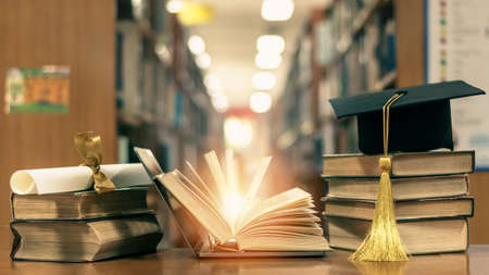 Online education, school study course, e-learning class, e-book digital technology and global educational success graduation concept with computer notebook open in library or classroom backgroundの写真素材