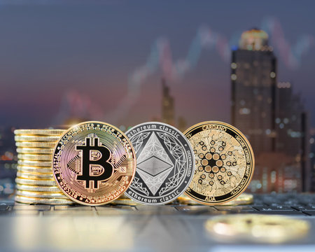 Bitcoin BTC cryptocurrency coin with altcoin digital crypto currency tokens, ETH Ethereum, ADA Cardano for defi decentralized financial banking p2p global investment financial tech business marketの写真素材