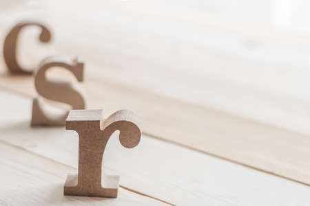 CSR Corporate Social Responsibility, acronym for company business vision and responsible management concept with abbreviation letters made of recycle wood on natural white wooden backgroundの写真素材