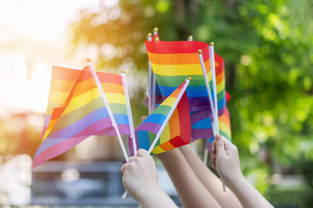LGBT pride or LGBTQ+ gay pride with rainbow flag for lesbian, gay, bisexual, and transgender people human rights social equality movements in June monthの写真素材