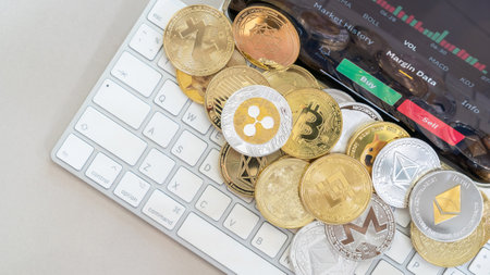 Cryptocurrency on Binance trading app, Bitcoin BTC with BNB, Ethereum, Dogecoin, Cardano, Litcoin, altcoin digital coin crypto currency defi p2p decentralized finance and fintech banking marketのeditorial素材