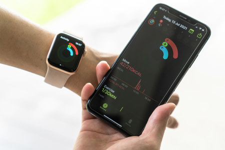 Bangkok, Thailand - July 13, 2021: Apple Activity app on iphone sync with Apple watch, application...