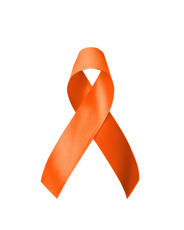 Orange ribbon isolated on white background (clipping path) awareness on leukemia, kidney cancer, multiple sclerosis, lupus, ADHD illness, self-injury and animal abuseの写真素材