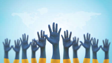 Ukraine flag on Ukrainian people hands for national empowerment and strengthening citizenship fighting for freedom and nation independence from Russian-occupied terriroriesの写真素材