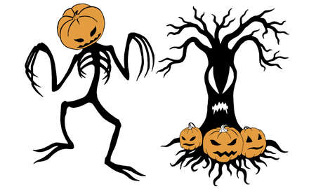 Scary Halloween Jack and the evil tree with three pumpkin lanternsのイラスト素材