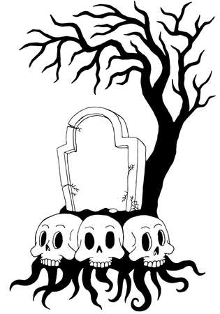 Grave stone with three sculls near treeの写真素材