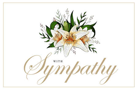 Condolences sympathy card floral lily bouquet and letteringのイラスト素材