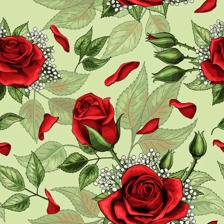 Red rose bouquets and green leaves elements seamless patternのイラスト素材
