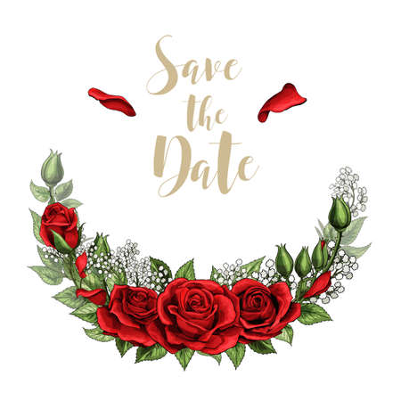 Save the date postcard half wreath with red rose flowers bouquet and letteringの写真素材