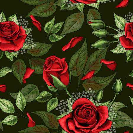 Red rose bouquets and green leaves elements seamless patternのイラスト素材