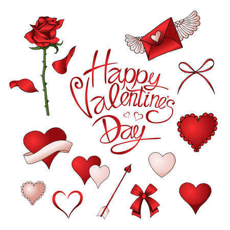 Red roses, hearts and other elements hand drawn colored setのイラスト素材